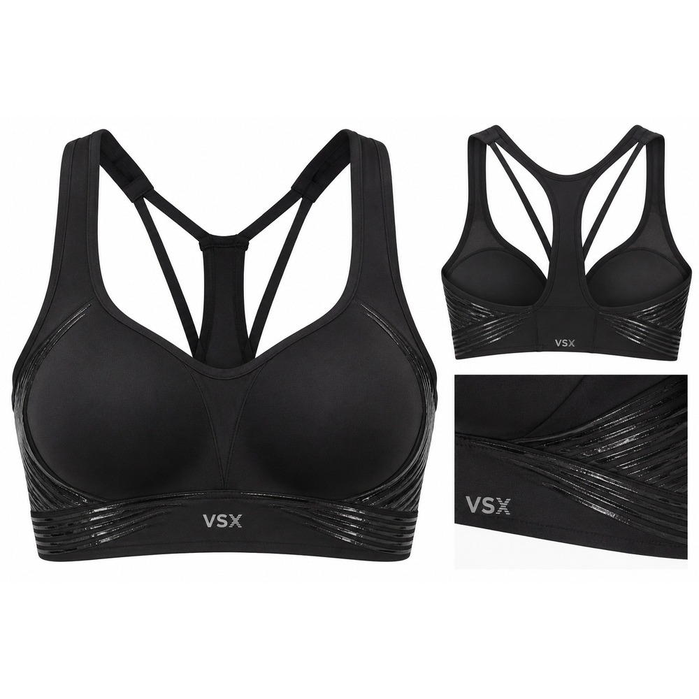 VSX Sports Bra Medium Black Strappy Back Metallic Foil Stripe Activewear Gym